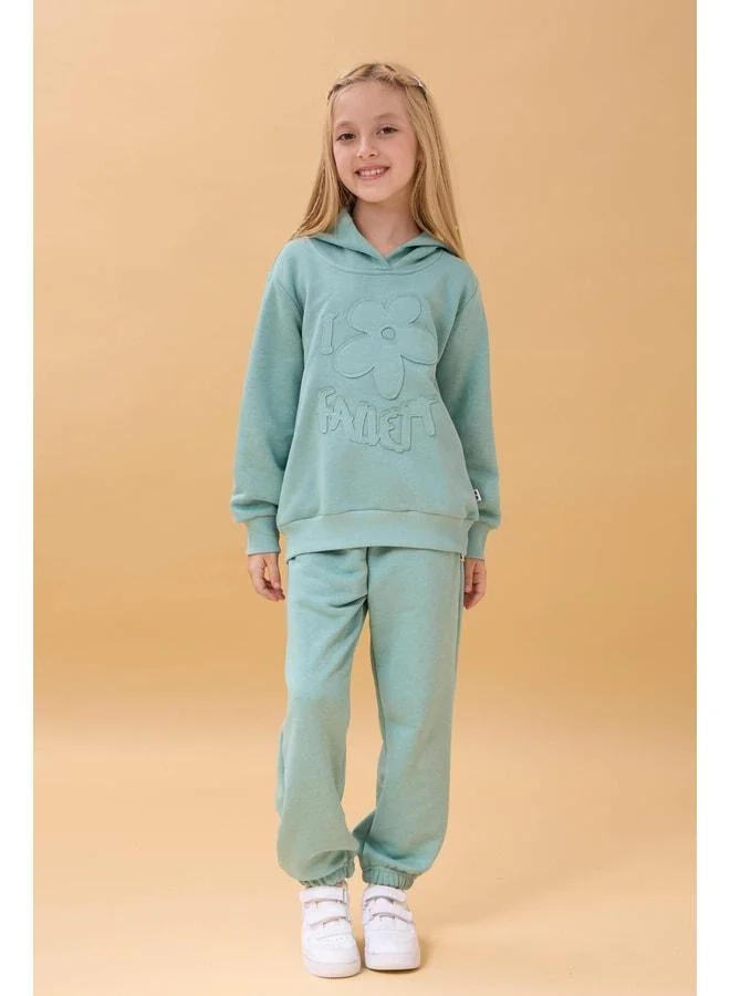 Perendi Girl's Hooded Floral Appliqué Top and Bottom Seasonal Set – Çağla.