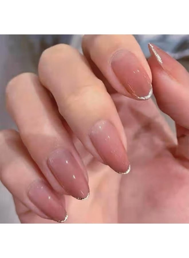 لوميا 24 قطعة من أظافر صناعية لامعة وردية اللون، أطراف فرنسية لامعة بلون اللوز الذهبي مع تصميم لاصق لتغطية كاملة، أظافر صناعية أكريليك قابلة لإعادة الاستخدام للنساء، مانيكير منزلي الصنع - Image 3