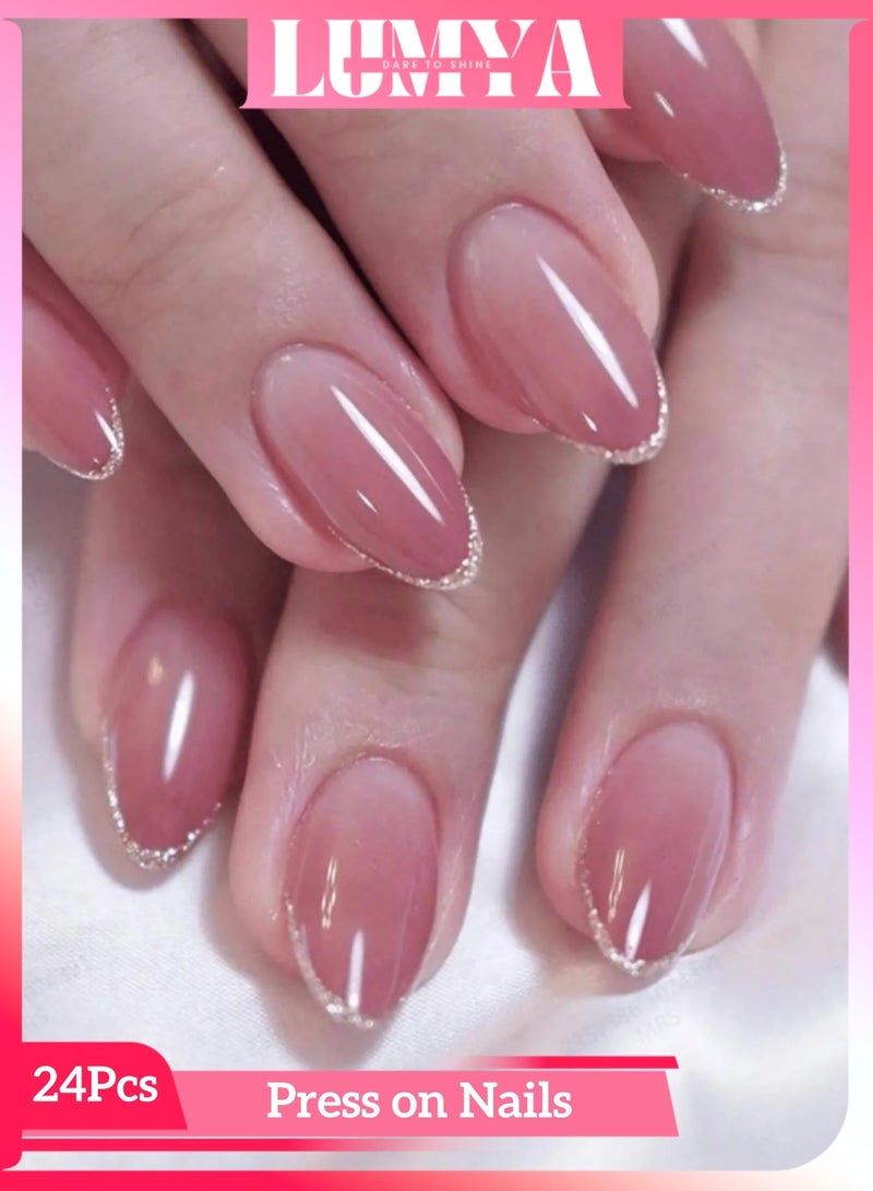 لوميا 24 قطعة من أظافر صناعية لامعة وردية اللون، أطراف فرنسية لامعة بلون اللوز الذهبي مع تصميم لاصق لتغطية كاملة، أظافر صناعية أكريليك قابلة لإعادة الاستخدام للنساء، مانيكير منزلي الصنع - Image 1