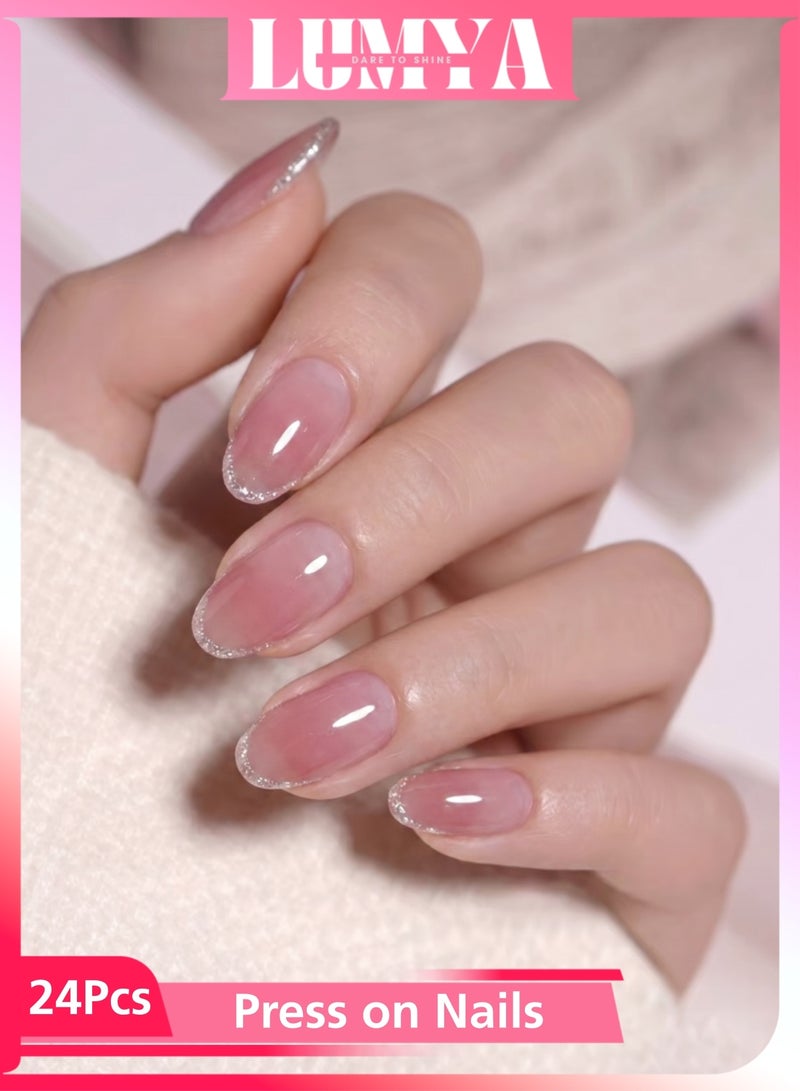 LUMYA 24Pcs Nude Pink Glossy Fake Nails Press on Nails, Almond  Gold Glitter French Tip with Full Cover Stick-on Design, Reusable Acrylic False Nails for Women DIY Manicure - Image 1