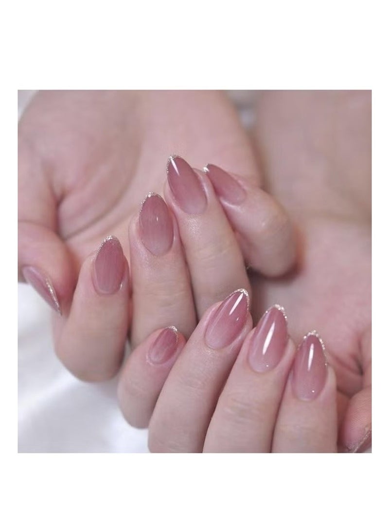 LUMYA 24Pcs Nude Pink Glossy Fake Nails Press on Nails, Almond  Gold Glitter French Tip with Full Cover Stick-on Design, Reusable Acrylic False Nails for Women DIY Manicure - Image 2