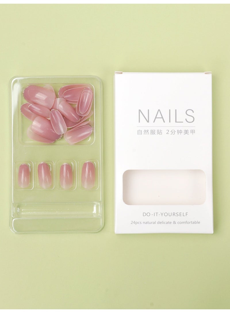 LUMYA 24Pcs Nude Pink Glossy Fake Nails Press on Nails, Almond  Gold Glitter French Tip with Full Cover Stick-on Design, Reusable Acrylic False Nails for Women DIY Manicure - Image 3