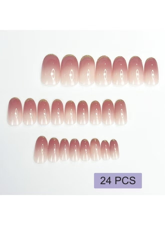 LUMYA 24Pcs Nude Pink Glossy Fake Nails Press on Nails, Almond  Gold Glitter French Tip with Full Cover Stick-on Design, Reusable Acrylic False Nails for Women DIY Manicure - Image 4