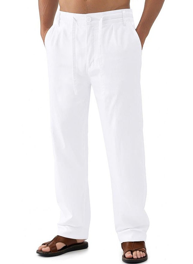 Janmid Men Casual Beach Trousers Linen Summer Pants White S - Image 1