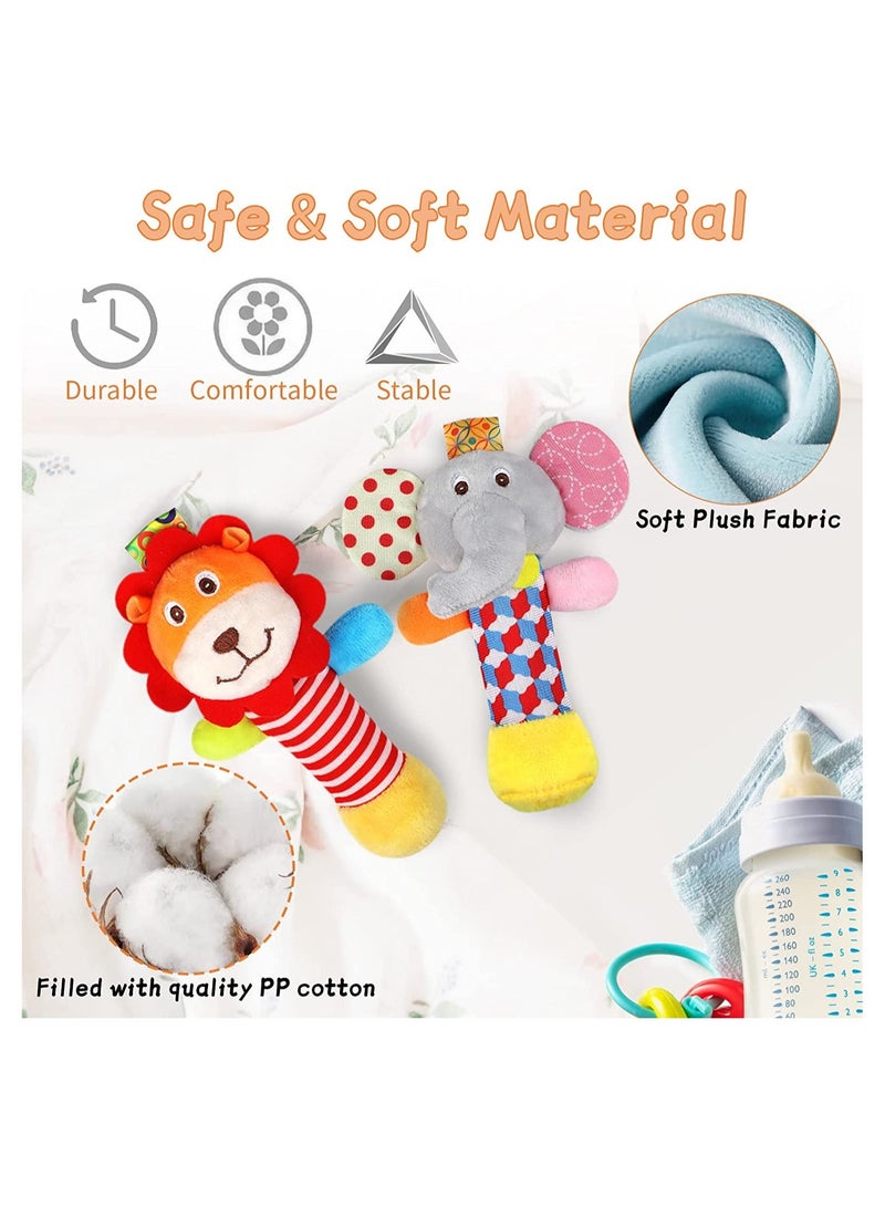 2PCS Soft Baby Rattles, Plush Animal Rattles Baby Sensory Toys Infant Sound Toys Interactive Plush Toys Early Development Rattles Infant Learning Toys for 0 3 6 Month Infant Gift (Elephant, Lion) - Image 1