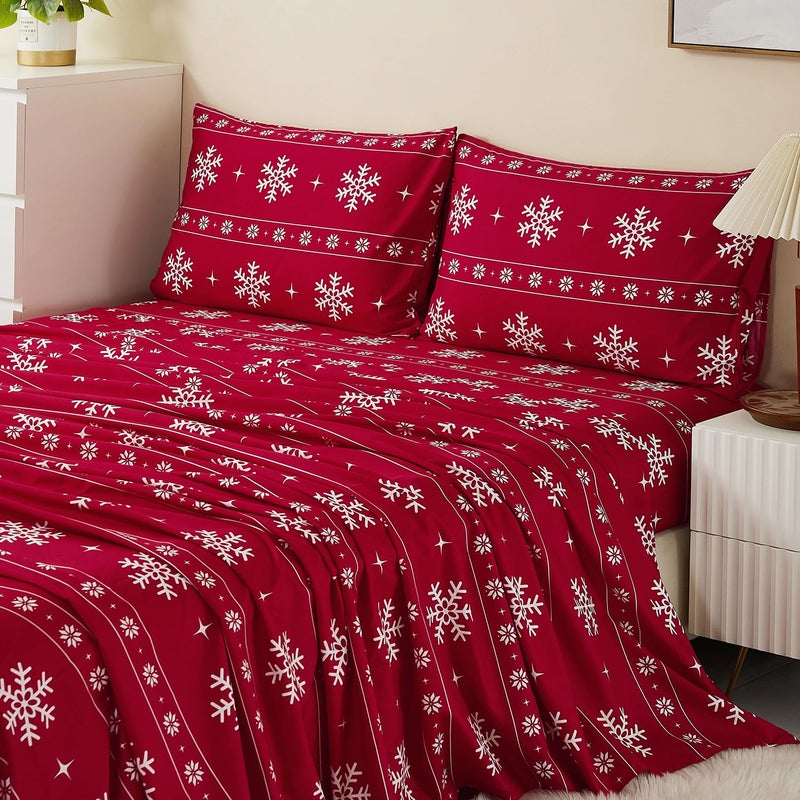 Vaulia Soft Microfiber Sheets Print Snowflake Pattern Christmas Holidays 4Piece Set 1 Fitted Sheet 1 Flat Sheet 2 Pillowcases RedWhite Snowflake Queen