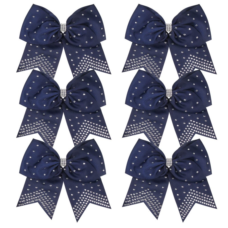 8 Inch Cheerleader Bows Ponytail Holder with Bling Fling Rhinestones Hair Tie Cheerleading Bows 6 Pcs Navy Blue