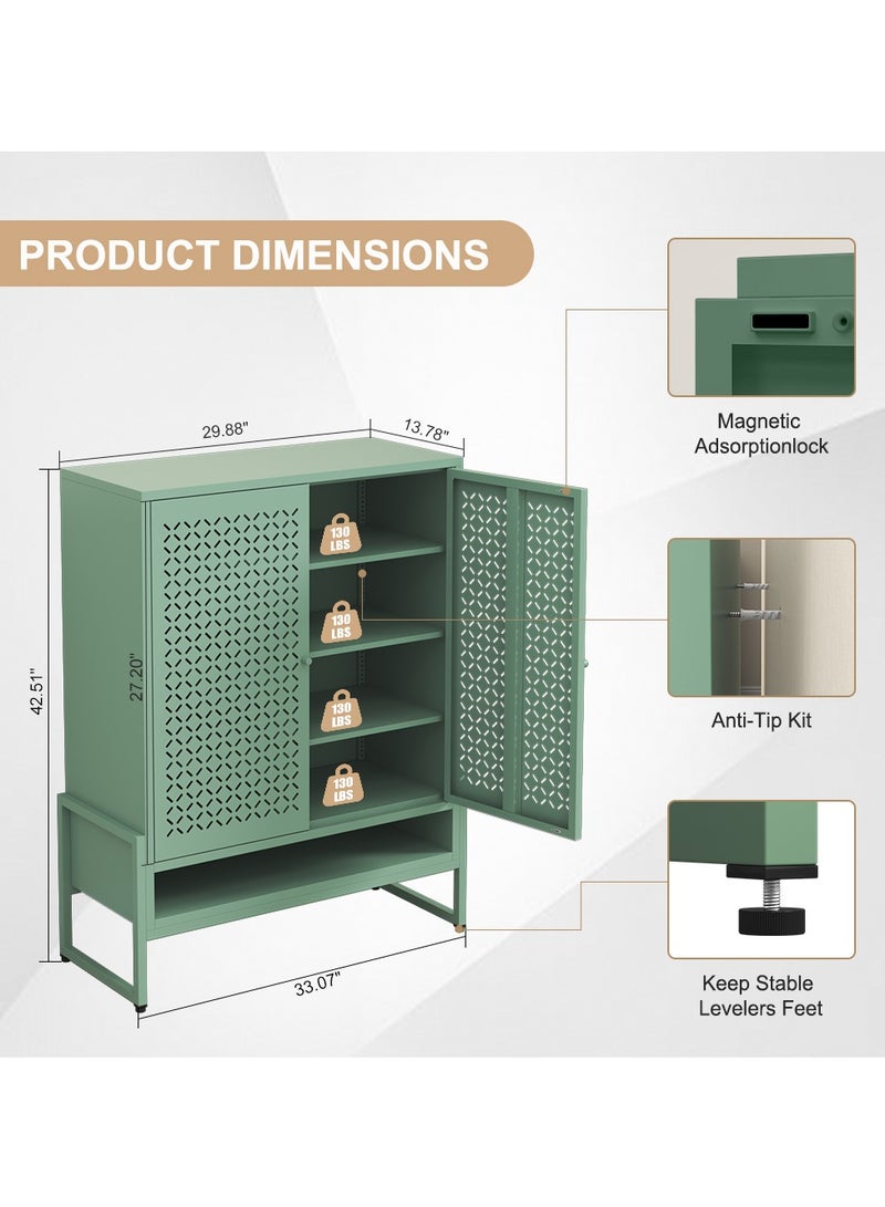 آي هوم شوب خزانة أحذية فولاذية خضراء كبيرة السعة مع وظيفة مغناطيسية - تصميم باب مزدوج لسهولة التخزين، 84 × 35 × 108 سم، مثالية للمدخل وغرفة المعيشة والشرفة والممر والحديقة - Image 3