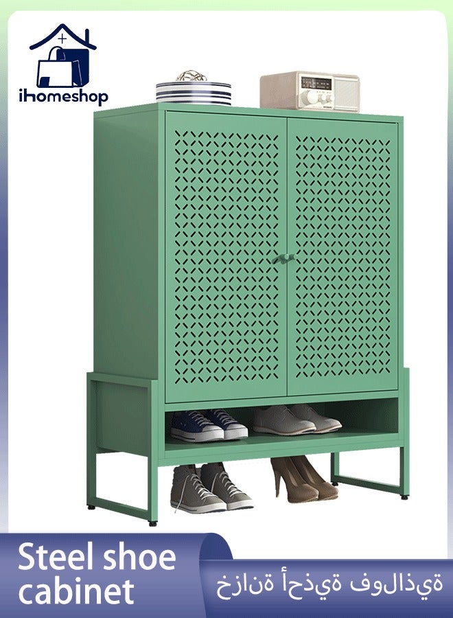 آي هوم شوب خزانة أحذية فولاذية خضراء كبيرة السعة مع وظيفة مغناطيسية - تصميم باب مزدوج لسهولة التخزين، 84 × 35 × 108 سم، مثالية للمدخل وغرفة المعيشة والشرفة والممر والحديقة - Image 2