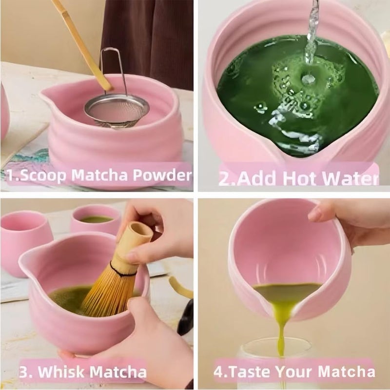Offcute Cute Pink Matcha Whisk Set of 5 for Matcha Tea,Matcha Powder Kit（Bowl with Spout+bamboo Whisk and Holder+Strainer+Scoop）for Macha Starter Making Tools with Small Sifter Sieve Mixer Wisk Chasen Chawan - Image 3