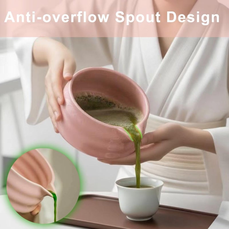 Offcute Cute Pink Matcha Whisk Set of 5 for Matcha Tea,Matcha Powder Kit（Bowl with Spout+bamboo Whisk and Holder+Strainer+Scoop）for Macha Starter Making Tools with Small Sifter Sieve Mixer Wisk Chasen Chawan - Image 2