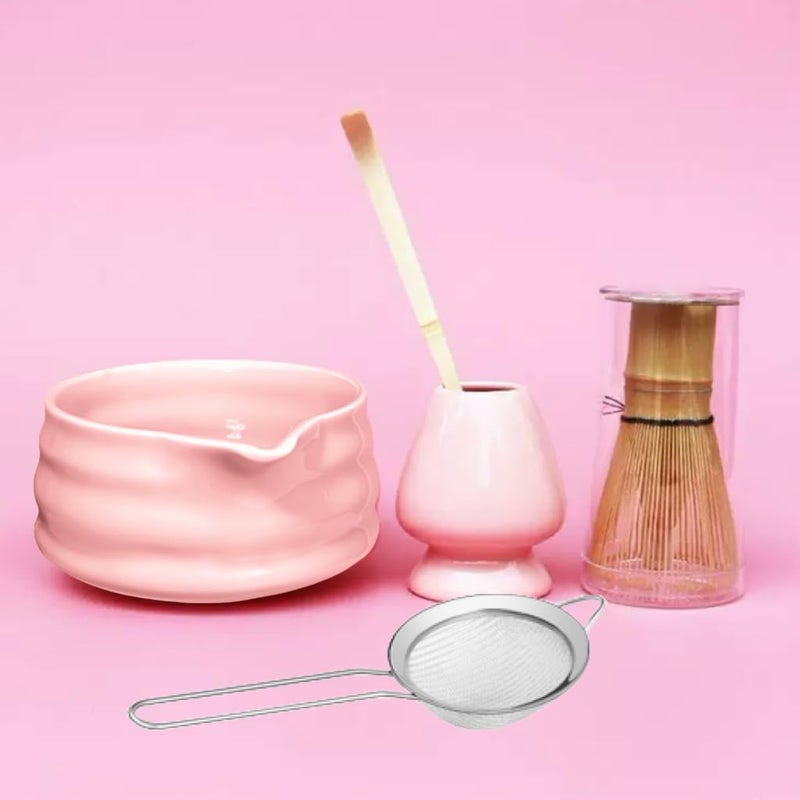 Offcute Cute Pink Matcha Whisk Set of 5 for Matcha Tea,Matcha Powder Kit（Bowl with Spout+bamboo Whisk and Holder+Strainer+Scoop）for Macha Starter Making Tools with Small Sifter Sieve Mixer Wisk Chasen Chawan - Image 1