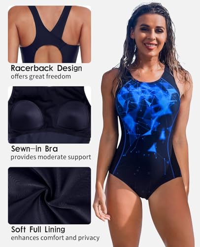 beautyin Sport Swimsuit Women Modest High Neck One Piece Water Aerobics Swimwear Black/Blue - Image 3