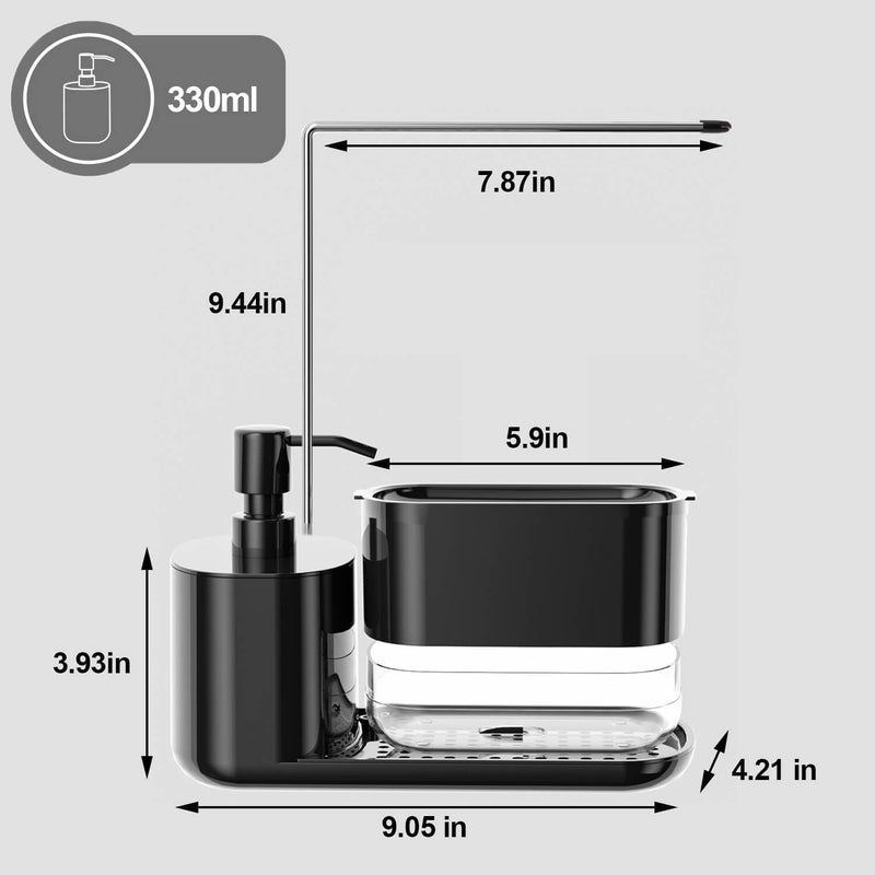 jaexest 4-in-1 Kitchen Soap Dispenser Set with Tray, Sponge Holder & Dishcloth Holder, Dish & Hand Soap Dispenser, Sink Countertop Storage Organizer, Multi-Function Kitchen Gadget - Black - Image 2