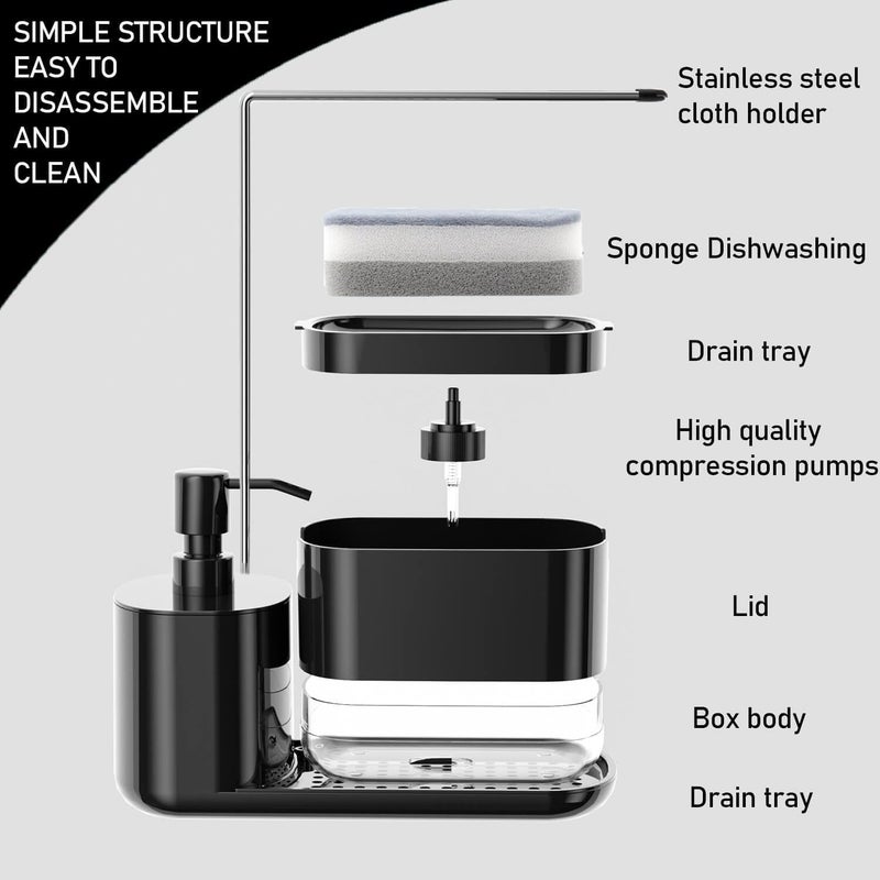 jaexest 4-in-1 Kitchen Soap Dispenser Set with Tray, Sponge Holder & Dishcloth Holder, Dish & Hand Soap Dispenser, Sink Countertop Storage Organizer, Multi-Function Kitchen Gadget - Black - Image 5