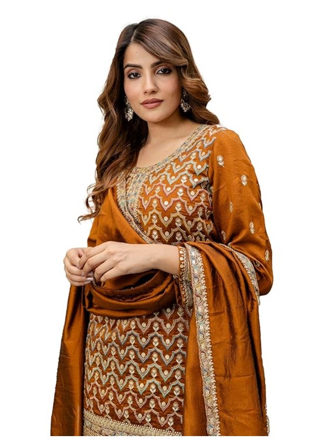 TRENDMALLS L طقم بدلة نسائية من الحرير الصناعي المطرز بالترتر من تريندمالز، مكون من سروال وبنطال وبالازو مع شال. - Image 1