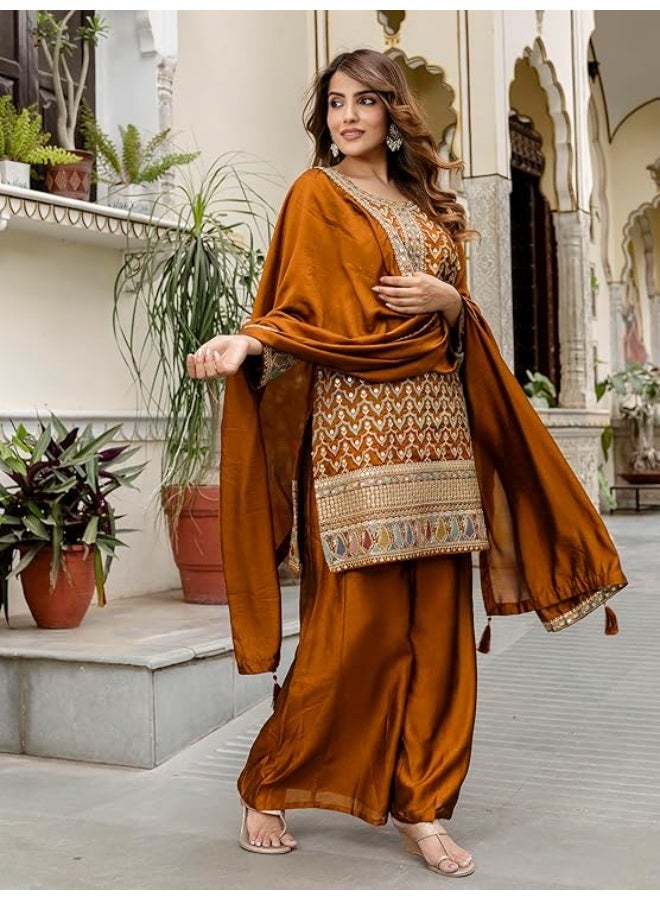 TRENDMALLS L طقم بدلة نسائية من الحرير الصناعي المطرز بالترتر من تريندمالز، مكون من سروال وبنطال وبالازو مع شال. - Image 2