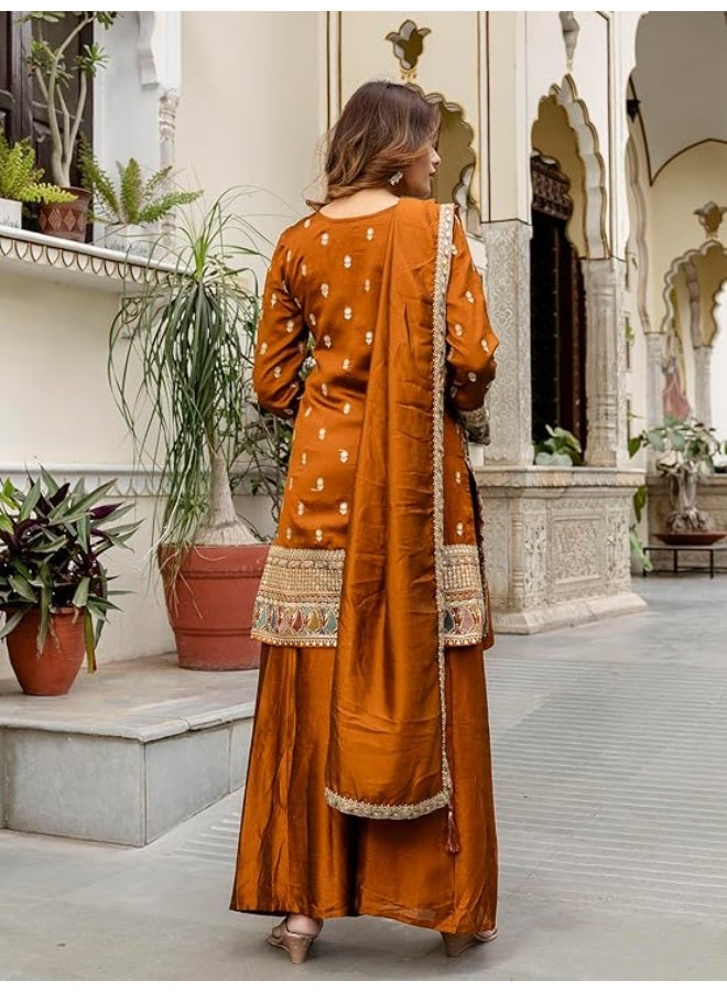 TRENDMALLS L طقم بدلة نسائية من الحرير الصناعي المطرز بالترتر من تريندمالز، مكون من سروال وبنطال وبالازو مع شال. - Image 3