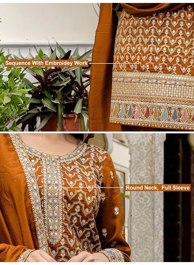 TRENDMALLS L طقم بدلة نسائية من الحرير الصناعي المطرز بالترتر من تريندمالز، مكون من سروال وبنطال وبالازو مع شال. - Image 4