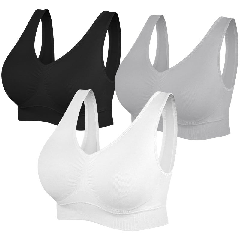 SIMIYA Womens Sports Bras, Yoga Comfort Seamless Stretchy Sports Bra for Women 3 Pack Black White Grey - Image 1