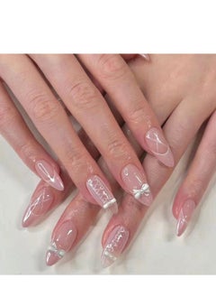 JOSQUEWNN 24Pcs Press On Nails,Pink Nail Bow Pearl Staggered Almond Type,Fake Acrylic Nails With Glue Kit.  - Image 1