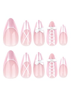 JOSQUEWNN 24Pcs Press On Nails,Pink Nail Bow Pearl Staggered Almond Type,Fake Acrylic Nails With Glue Kit.  - Image 2