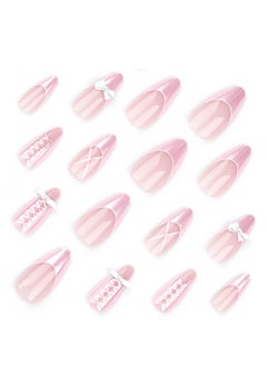 JOSQUEWNN 24Pcs Press On Nails,Pink Nail Bow Pearl Staggered Almond Type,Fake Acrylic Nails With Glue Kit.  - Image 5