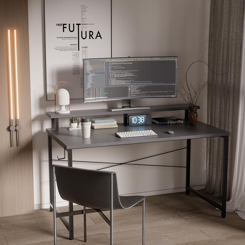 Pamray 47 Inch Small Computer Desk with Monitor Stand, Simple Office Desk with Headphone Hook for Small Spaces, Kids Study Writing Table for Bedroom, Grey - Image 2