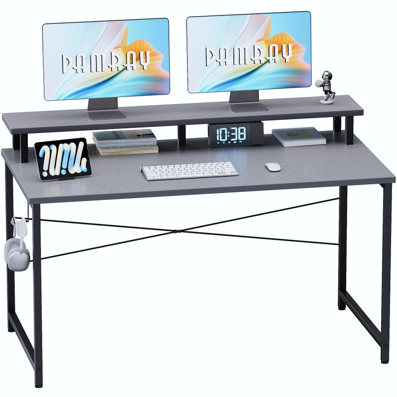 Pamray 47 Inch Small Computer Desk with Monitor Stand, Simple Office Desk with Headphone Hook for Small Spaces, Kids Study Writing Table for Bedroom, Grey - Image 1
