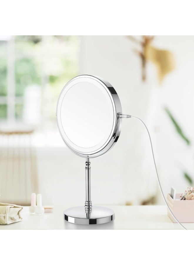 مرآة مكياج مضاءة، مرآة مضخمة ثنائية الجانب قابلة للشحن بحجم 8 بوصات بثلاثة ألوان، مرآة مكياج مع لمسة شاشة دوارة 360 درجة بتكبير 1x/10x، مرآة مكياج مضيئة قابلة لضبط السطوع وتكبير الصورة - Image 3