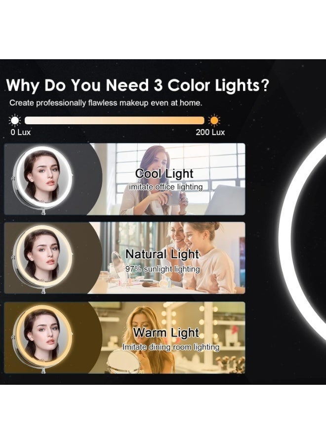 مرآة مكياج مضاءة، مرآة مضخمة ثنائية الجانب قابلة للشحن بحجم 8 بوصات بثلاثة ألوان، مرآة مكياج مع لمسة شاشة دوارة 360 درجة بتكبير 1x/10x، مرآة مكياج مضيئة قابلة لضبط السطوع وتكبير الصورة - Image 1