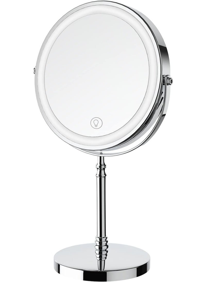 مرآة مكياج مضاءة، مرآة مضخمة ثنائية الجانب قابلة للشحن بحجم 8 بوصات بثلاثة ألوان، مرآة مكياج مع لمسة شاشة دوارة 360 درجة بتكبير 1x/10x، مرآة مكياج مضيئة قابلة لضبط السطوع وتكبير الصورة - Image 2