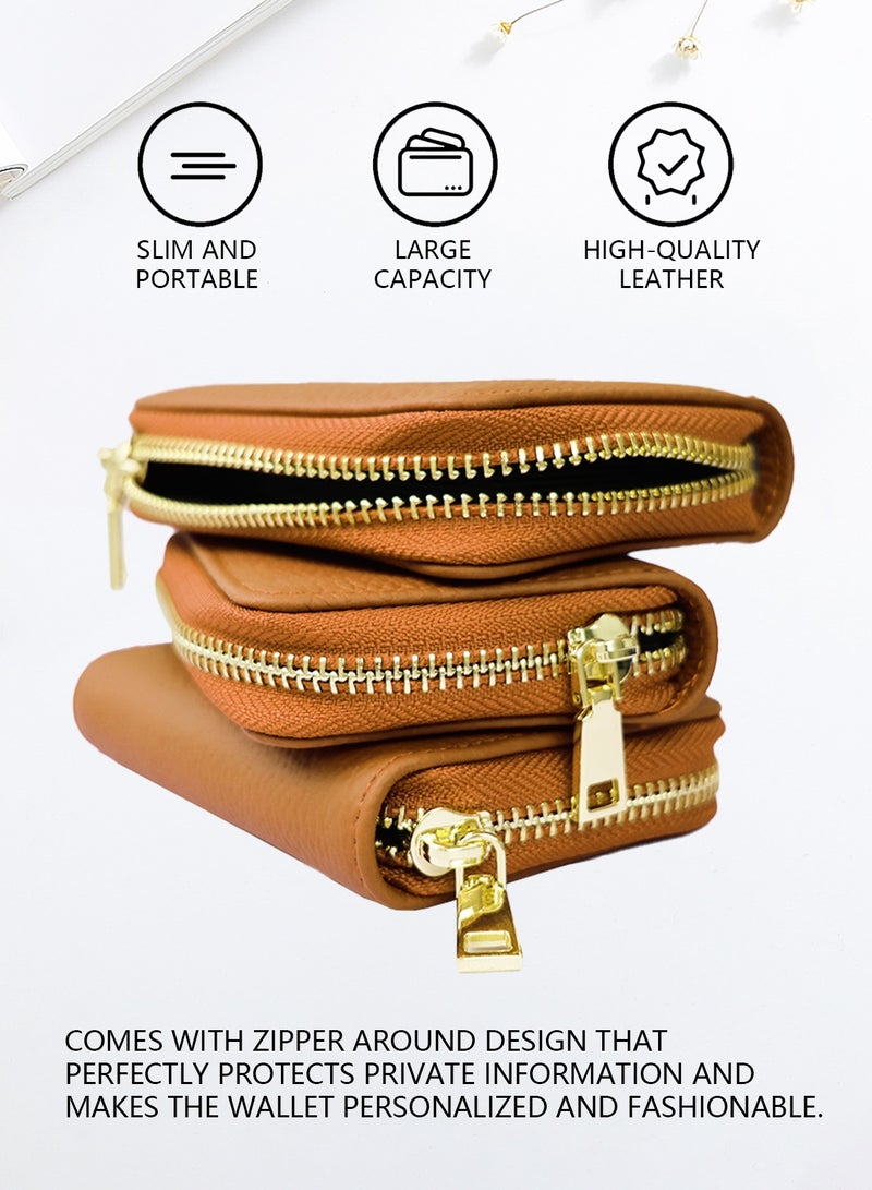 Meishida Credit Card Holder Genuine Leather Small Card Case for Men & Women, Pocket Mini Wallets Card Cases with Zipper, Money Organizer - Brown - Image 3