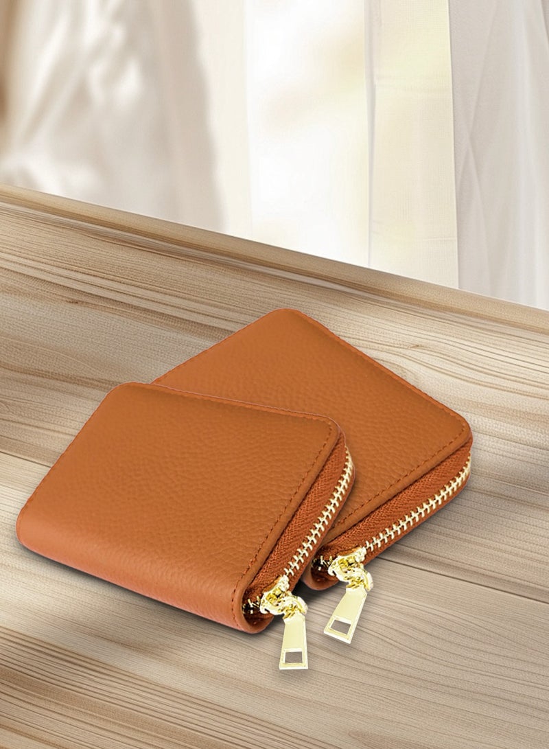 Meishida Credit Card Holder Genuine Leather Small Card Case for Men & Women, Pocket Mini Wallets Card Cases with Zipper, Money Organizer - Brown - Image 1