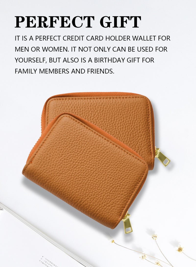 Meishida Credit Card Holder Genuine Leather Small Card Case for Men & Women, Pocket Mini Wallets Card Cases with Zipper, Money Organizer - Brown - Image 4