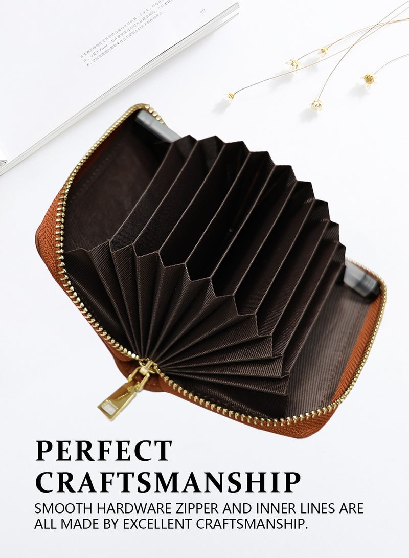 Meishida Credit Card Holder Genuine Leather Small Card Case for Men & Women, Pocket Mini Wallets Card Cases with Zipper, Money Organizer - Brown - Image 2