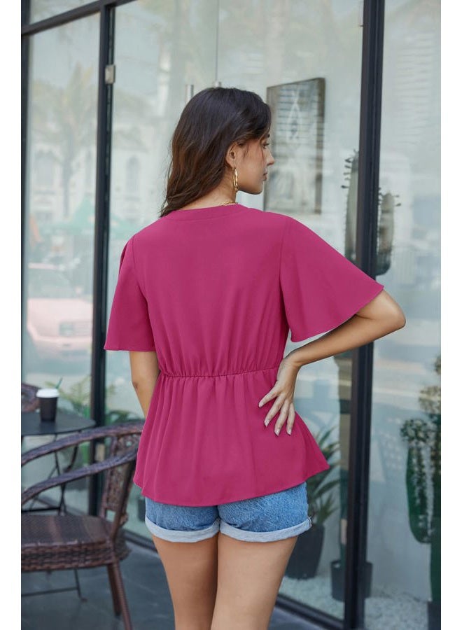 GRACE KARIN Women's Rose Red Peplum Tops V Neck Bell Sleeve Tops Tie Front Elegant Work Blouses L - Image 3