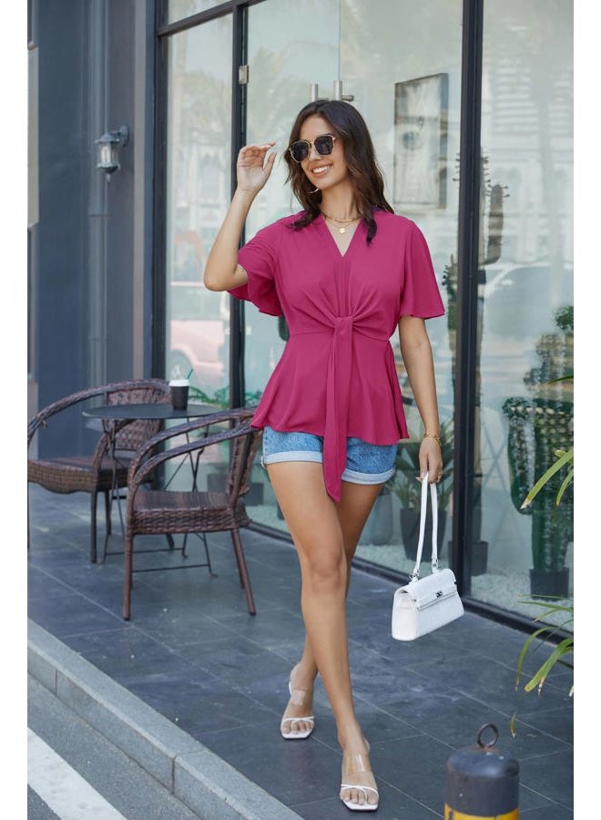 GRACE KARIN Women's Rose Red Peplum Tops V Neck Bell Sleeve Tops Tie Front Elegant Work Blouses L - Image 4