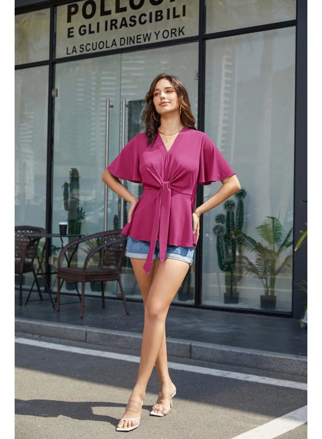 GRACE KARIN Women's Rose Red Peplum Tops V Neck Bell Sleeve Tops Tie Front Elegant Work Blouses L - Image 5