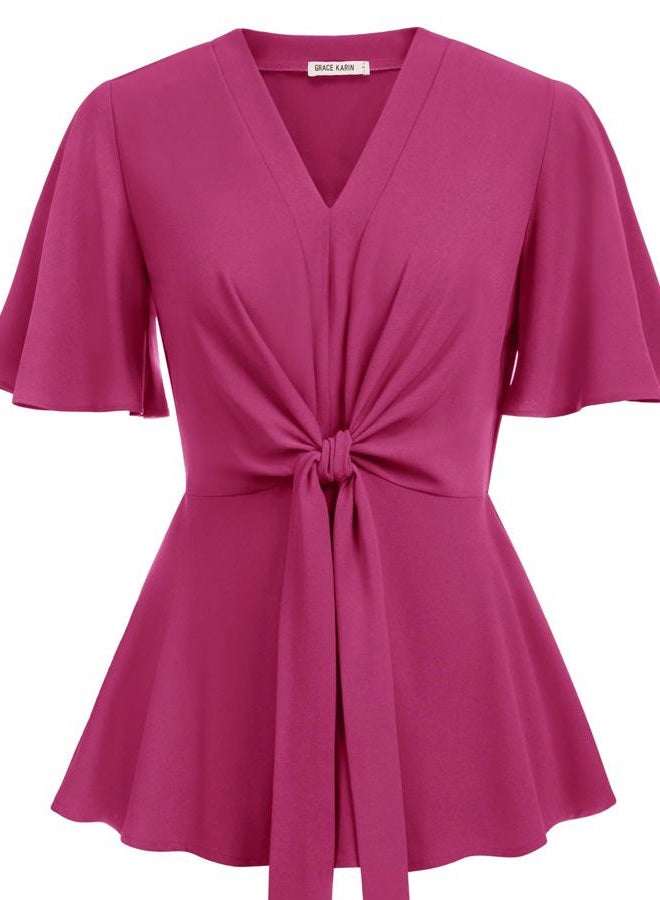 GRACE KARIN Women's Rose Red Peplum Tops V Neck Bell Sleeve Tops Tie Front Elegant Work Blouses L - Image 1