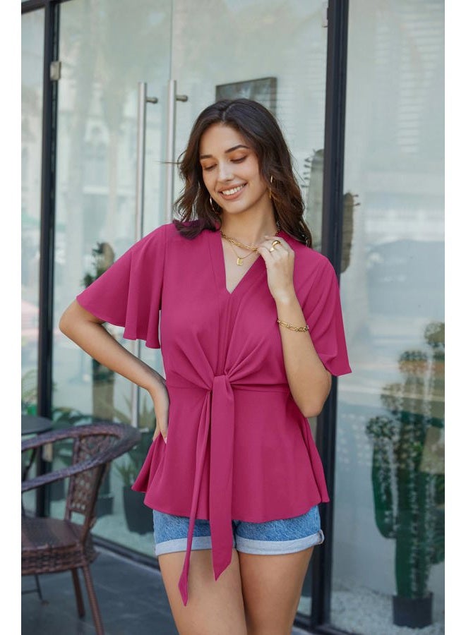 GRACE KARIN Women's Rose Red Peplum Tops V Neck Bell Sleeve Tops Tie Front Elegant Work Blouses L - Image 2