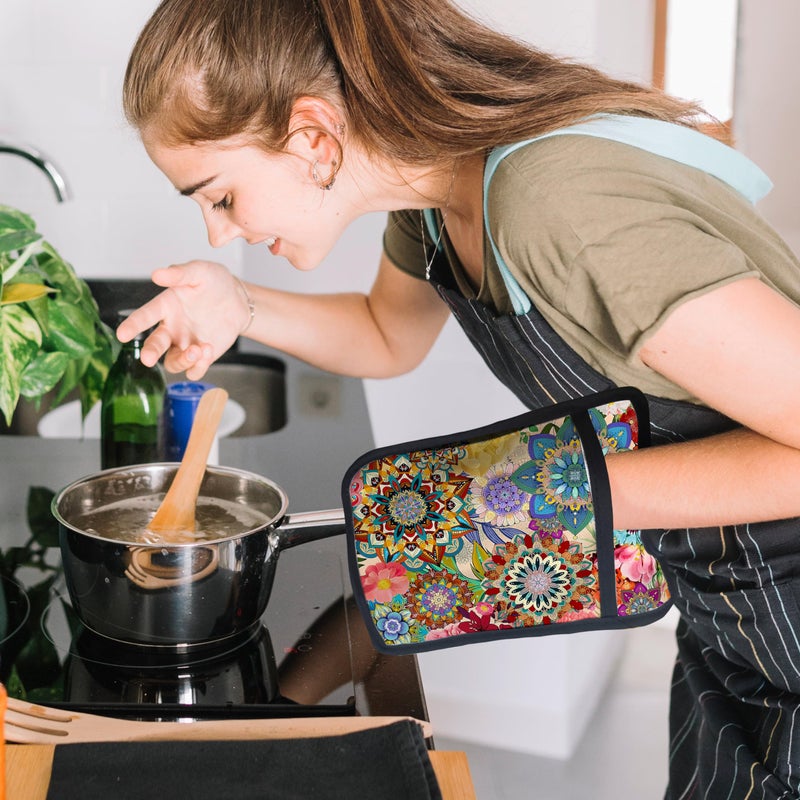 HUGANE Boho Floral Oven Mitts Set, Vintage Luxury Colorful Flower Floral Heat Resistant Kitchen Oven Gloves for Baking and Cooking,Pot Holders - Image 4