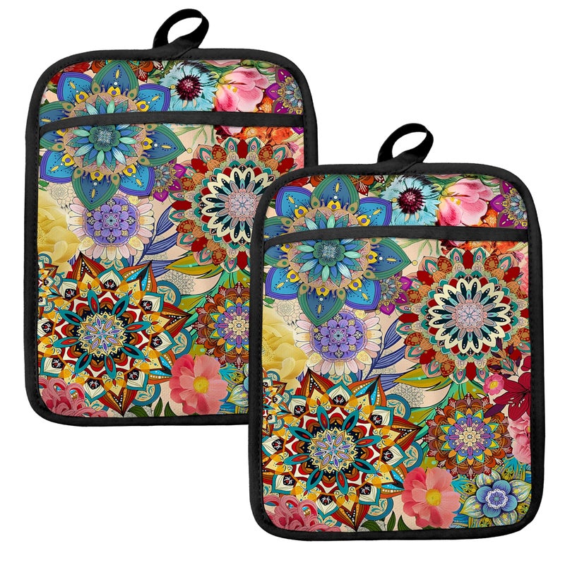 HUGANE Boho Floral Oven Mitts Set, Vintage Luxury Colorful Flower Floral Heat Resistant Kitchen Oven Gloves for Baking and Cooking,Pot Holders - Image 1