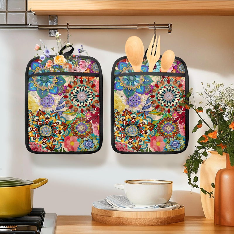 HUGANE Boho Floral Oven Mitts Set, Vintage Luxury Colorful Flower Floral Heat Resistant Kitchen Oven Gloves for Baking and Cooking,Pot Holders - Image 3