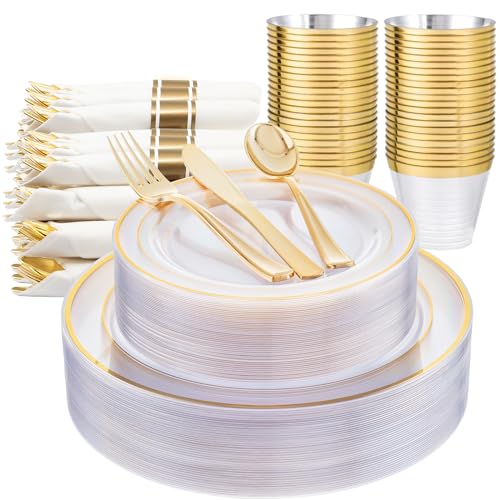 WELLIFE 350PCS ClearGold Plastic Plates  100 Disposable Plates 150Plastic Silverware 50 Cups 50 Napkins for Wedding  Party