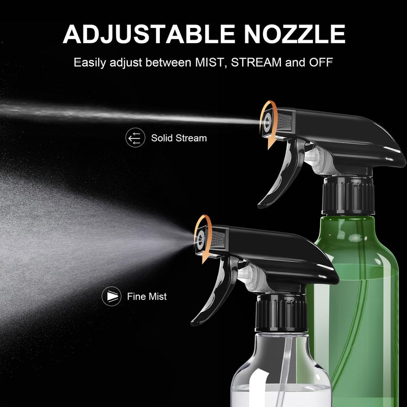 Airbee Spray Bottles 2-Pack, 10 Oz, Mist & Stream, Heavy Duty Spraying Empty Water Sprayer Bottle, BPA Free Plastic Refillable Containers for Cleaning Solutions, Plants, Hair, Essential Oils, Clear & Green - Image 2