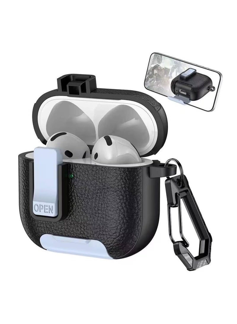 AirPod Pro 2 Case 2023/2022/2019, 2nd Gen with Phone Stand, Secure Lock Design Silicone Protection, Case with Leather Texture for Airpod Pro 2 (Black Light Blue) 