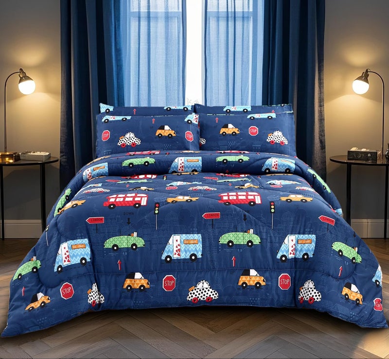 MAG 3Pcs Cartoon Car Bedding Comforter SetBlue Cute Twin Comforter Set for Toddlers Kids Boys Teens and GirlsAll Season Microfiber Super SoftTwin Size