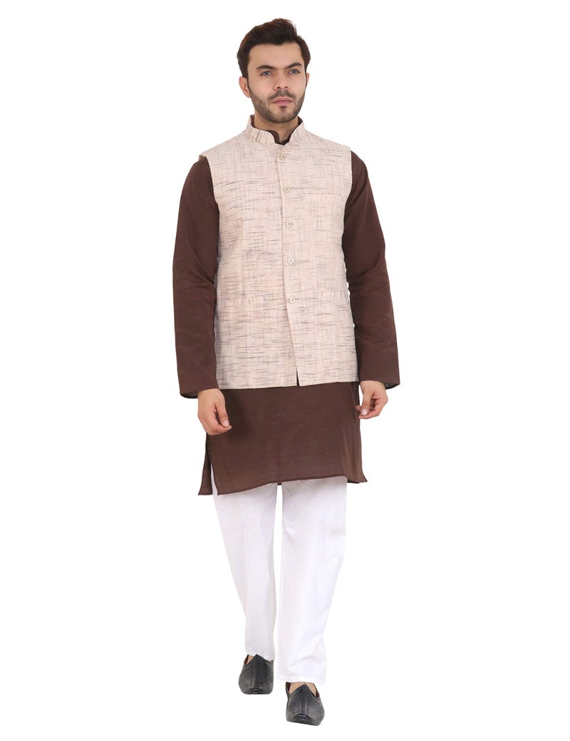 LATEST CHIKAN Men's Cotton Blend Regular Kurta, Pajama & Jacket Set (Dark Brown) - Image 1