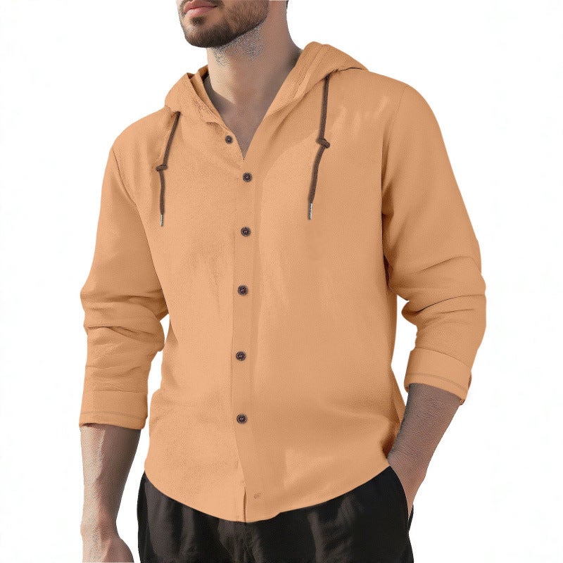 Men's Cotton Hooded Long Sleeve Solid Color Casual Shirt - Image 3